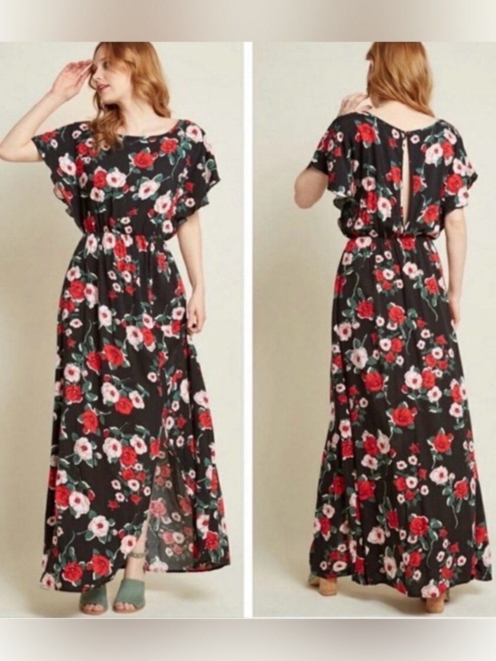 ModCloth Inspired Spirit Floral Flutter Sleeve Cutout Back Maxi Dress XL comfy